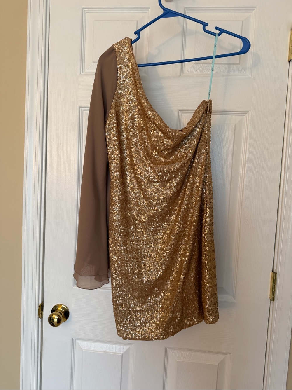 One-Shoulder Gold Sequin Dress with Chiffon Sleeve